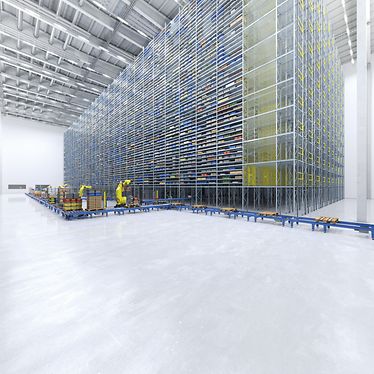 CGI Highlight image with high-bay racking, robots and conveying process