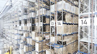 Pallet rack with cartons on euro pallets